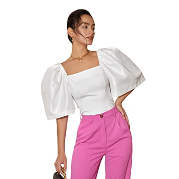 Floerns Women's Square Neck Puff Short Sleeve Elegant Blouse Crop Top White L