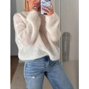 Antnation Womens Soft Fuzzy Knit Sweater Oversized Cozy Pullover Jumper Long Sleeve Casual Crewneck Sweater(White-S)