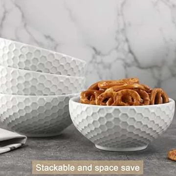 Buyajuju White Porcelain Small Bowls, 4.3 inch Honeycomb Grids Bowls for Ice Cream Yogurt Dessert Fruits 8 Ounce Bowl Set for Food Prep Rice Small Sid