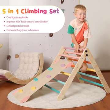 Yopnoyik Pikler Triangle Set with Cushion Large, 5 in 1 Toddler Climbing Toys Indoor, Montessori Foldable Climbing Set for Kids, Wooden Playground Jungle Gym with Ramp, Arch and Ladder (Color-B)