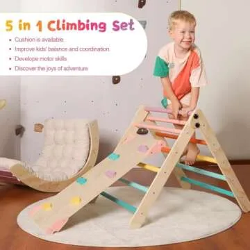 Yopnoyik Pikler Triangle Set with Cushion Large, 5 in 1 Toddler Climbing Toys Indoor, Montessori Foldable Climbing Set for Kids, Wooden Playground Jungle Gym with Ramp, Arch and Ladder (Color-B)