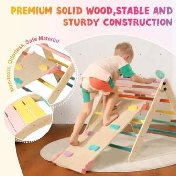 Yopnoyik Pikler Triangle Set with Cushion Large, 5 in 1 Toddler Climbing Toys Indoor, Montessori Foldable Climbing Set for Kids, Wooden Playground Jungle Gym with Ramp, Arch and Ladder (Color-B)