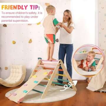 Yopnoyik Pikler Triangle Set with Cushion Large, 5 in 1 Toddler Climbing Toys Indoor, Montessori Foldable Climbing Set for Kids, Wooden Playground Jungle Gym with Ramp, Arch and Ladder (Color-B)