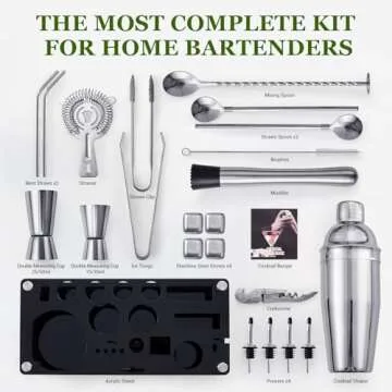 Cocktail Shaker Set, 23-Piece Stainless Steel Bartender Kit with Acrylic Stand & Cocktail Recipes Booklet, Professional Bar Tools for Drink Mixing, Home, Bar, Party (Include 4 Whiskey Stones)