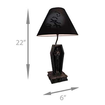 Zeckos 22-Inch Dark Dawning Vampire in Coffin Black Table Lamp - A Gothic Masterpiece with Eerie Charm and Bat Silhouette Fabric Shade - Add Spooky Ambiance to Your Room