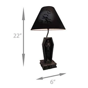 Zeckos 22-Inch Dark Dawning Vampire in Coffin Black Table Lamp - A Gothic Masterpiece with Eerie Charm and Bat Silhouette Fabric Shade - Add Spooky Ambiance to Your Room