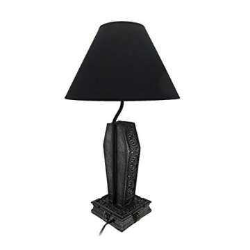 Zeckos 22-Inch Dark Dawning Vampire in Coffin Black Table Lamp - A Gothic Masterpiece with Eerie Charm and Bat Silhouette Fabric Shade - Add Spooky Ambiance to Your Room