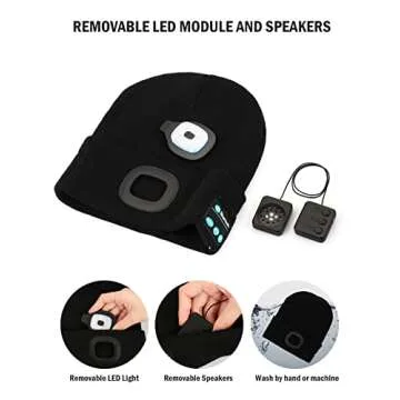 Wmcaps Bluetooth Beanie with a Light, Unisex USB Rechargeable 4 LED Fashlight Hat with Cordless Headphones, Unique Christmas Birthday Gifts for Men Him Husband Teen Black