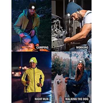 Wmcaps Bluetooth Beanie with a Light, Unisex USB Rechargeable 4 LED Fashlight Hat with Cordless Headphones, Unique Christmas Birthday Gifts for Men Him Husband Teen Black