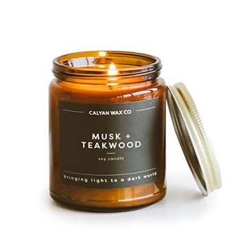 Calyan Wax Candle: Musk & Teakwood | Premium Essential Oils | Gift Charm
