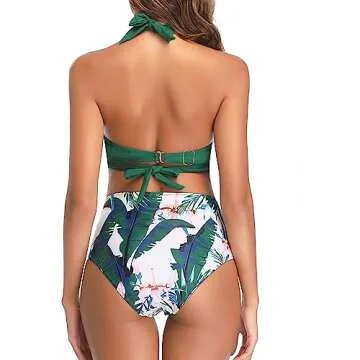 Tempt Me Women's Retro Green Halter Ruched Bikini Swimsuit