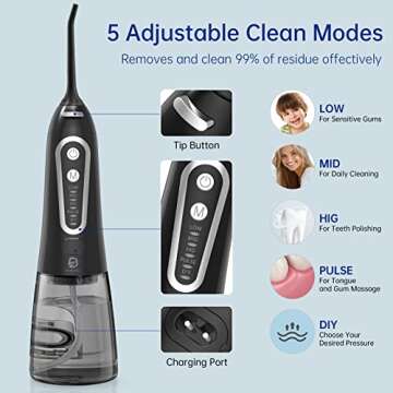 ByDiffer Water Flosser, Cordless Water Flossers for Teeth Cleaning Picks, 300ML 5 DIY Modes 5 Water Jet Tips Rechargeable IPX7 Waterproof Dental Portable Oral Irrigator, Black