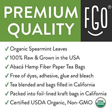 FGO Organic Spearmint Leaf Tea, 20 Eco-Conscious Tea Bags, Caffeine Free, Packaging May Vary (Pack of 1)