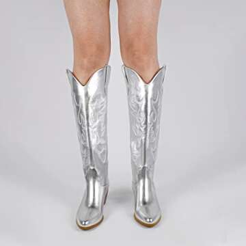 STALOV Metallic Cowboy Boots for Women, Western Embroidery Cowgirl Boots, Pointed Toe Pull-on Knee High Boots