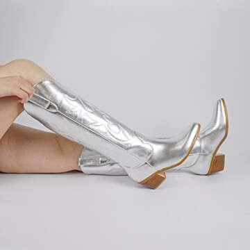 STALOV Metallic Cowboy Boots for Women, Western Embroidery Cowgirl Boots, Pointed Toe Pull-on Knee High Boots