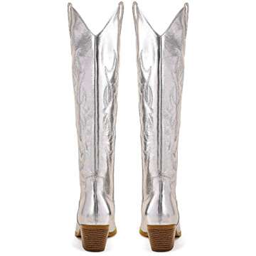 STALOV Metallic Cowboy Boots for Women, Western Embroidery Cowgirl Boots, Pointed Toe Pull-on Knee High Boots