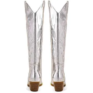 STALOV Metallic Cowboy Boots for Women, Western Embroidery Cowgirl Boots, Pointed Toe Pull-on Knee High Boots
