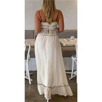 Women Y2k 2 Piece Outfits Patchwork Front Tie-Up Camisoles and Ruched Ruffle Maxi Skirt Matching Set Beachwear (White, L)