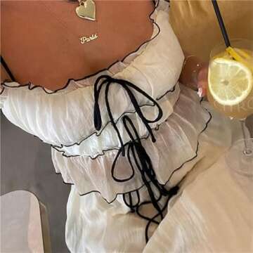 Women Y2k 2 Piece Outfits Patchwork Front Tie-Up Camisoles and Ruched Ruffle Maxi Skirt Matching Set Beachwear (White, L)