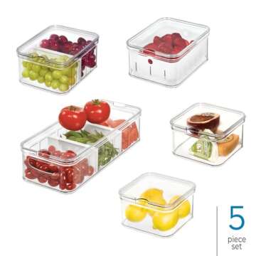 iDesign Crisp 5-Piece Recycled Plastic Refrigerator Organizer Bin Set with Lids, Clear/White
