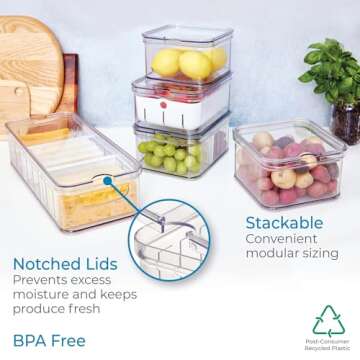 iDesign Crisp 5-Piece Recycled Plastic Refrigerator Organizer Bin Set with Lids, Clear/White