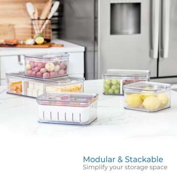 iDesign Crisp 5-Piece Recycled Plastic Refrigerator Organizer Bin Set with Lids, Clear/White