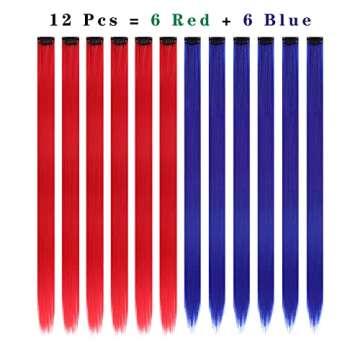 12PCS Colored Red and Blue Hair Extensions 22 Inch Colorful Clip in Hair Extensions Straight Synthet...