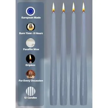 Hyoola Tall Taper Candles - 10 Inch Grey Blue Unscented Dripless Taper Candles - 8 Hour Burn Time - 12 Pack