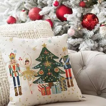 HERHOME Merry Christmas Pillow Covers 18x18 Inch Set of 4 Nutcracker Christmas Decor Ballet Xmas Tree Winter Holiday Decorative Throw Pillows Cases Party Decorations for Living Room Couch Patio Decor