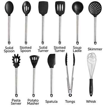 Home Hero Silicone Kitchen Utensils Set, Silicone Cooking Utensils Set, Dishwasher Safe Stainless Steel, Silicone Utensils For Cooking, Spatula Set Silicone Heat Resistant (11 Pcs - Black)