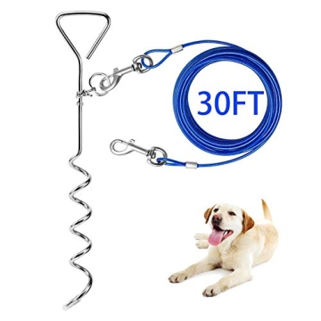 30ft Heavy Duty Dog Tie Out Cable & Anti-Rust Spiral Stake for Outdoor Safety