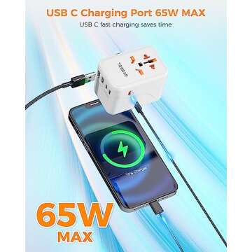 TESSAN Universal Travel Adapter Worldwide, GaN 65W International Plug Adaptor with 3 USB C 2 USB A Ports, World Power Outlet for European USA UK Australia Ireland(Type C/G/A/I)
