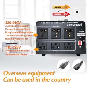 Yinleader Voltage Converter Transformer(110V to 220V, 220V to 110V) Step Up/Down Transformer Converter 110/120 Volt - 220/240 Volt w/US Power Cord,Circuit Breaker Protection (VTUS-3000-6S)