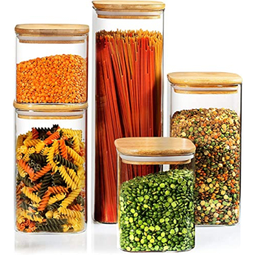5 Square Canisters, Glass Kitchen Canister with Airtight Bamboo Lid, Glass Storage Jars for Kitchen,...