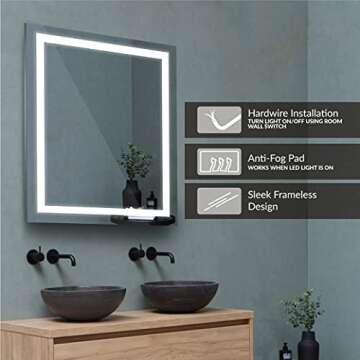Homewerks 100150 24” x 30" LED Bathroom Mirror, Anti Fog Wall Mounted Horizontal or Vertical Vanity, 5000 Kelvin, Bright White Daylight Color Temperature Light, 24"x30"