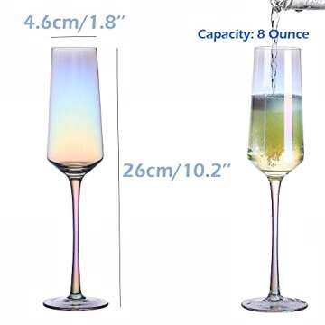DATANYA Iridescent Champagne Flutes Set of 4, Crystal Lead-Free Hand Blown Stemmed Rainbow Champagne Flutes Glasses, Elegant Gift Box for Wedding, Christmas Cheers, Holidays, 8 Ounce