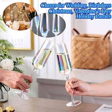 DATANYA Iridescent Champagne Flutes Set of 4, Crystal Lead-Free Hand Blown Stemmed Rainbow Champagne Flutes Glasses, Elegant Gift Box for Wedding, Christmas Cheers, Holidays, 8 Ounce