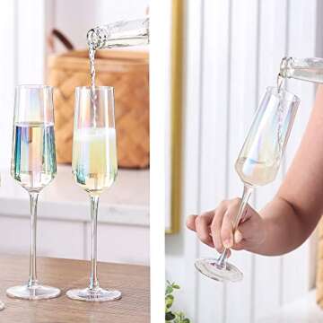 DATANYA Iridescent Champagne Flutes Set of 4, Crystal Lead-Free Hand Blown Stemmed Rainbow Champagne Flutes Glasses, Elegant Gift Box for Wedding, Christmas Cheers, Holidays, 8 Ounce