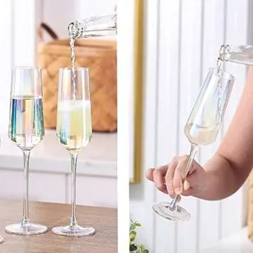 DATANYA Iridescent Champagne Flutes Set of 4, Crystal Lead-Free Hand Blown Stemmed Rainbow Champagne Flutes Glasses, Elegant Gift Box for Wedding, Christmas Cheers, Holidays, 8 Ounce