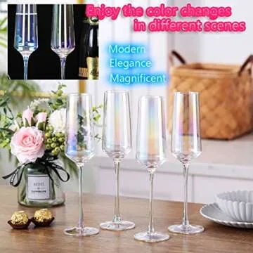 DATANYA Iridescent Champagne Flutes Set of 4, Crystal Lead-Free Hand Blown Stemmed Rainbow Champagne Flutes Glasses, Elegant Gift Box for Wedding, Christmas Cheers, Holidays, 8 Ounce