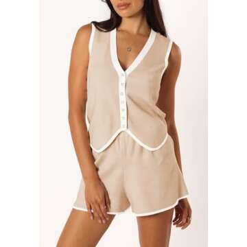 Pink Queen Vest Sets Women 2 Piece Outfits 2025 Fall Casual Knit Matching Sweater Loungewear Sleeveless V Neck Button Down Top and Shorts Set Beige XL
