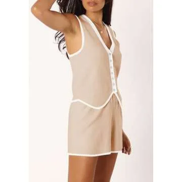 Pink Queen Vest Sets Women 2 Piece Outfits 2025 Fall Casual Knit Matching Sweater Loungewear Sleeveless V Neck Button Down Top and Shorts Set Beige XL