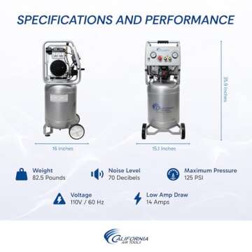 California Air Tools 10020C 2.0 HP Ultra Quiet and Oil-Free Air Compressor, 10 Gallon Steel Tank with Wheels, 70 dBA Noise Level