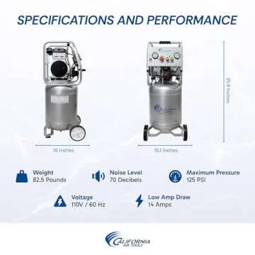 California Air Tools 10020C 2.0 HP Ultra Quiet and Oil-Free Air Compressor, 10 Gallon Steel Tank with Wheels, 70 dBA Noise Level