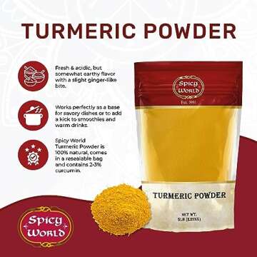 Spicy World Turmeric Powder 5 Pound Bulk Bag - Indian Turmeric Root Ground (Haldi) - Minimum Curcumin 2.5%