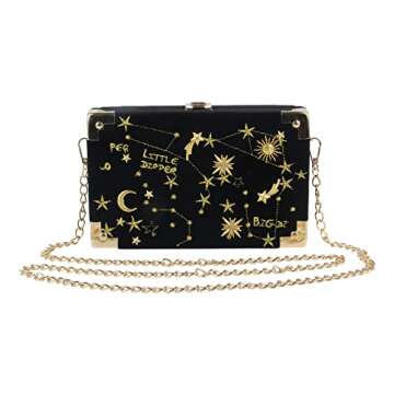 Oweisong Women Velvet Box Shape Evening Handbag Party Embroidery Star Moon Clutch Bag Elegant Crossb...