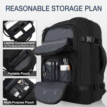 Dinictis 40L Travel Backpack Carry on Flight Approved, Backpack Suitcase for Travel, Personal Item Travel Bag fits 17 inch Laptop- Black