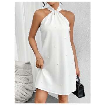 OYOANGLE Women's Pearl Decor Halter Neck Sleeveless Dress Tie Back Solid Elegant Short Dresses White Large