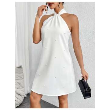 OYOANGLE Women's Pearl Decor Halter Neck Sleeveless Dress Tie Back Solid Elegant Short Dresses White Large