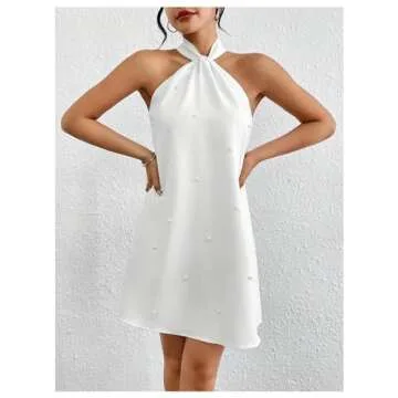 OYOANGLE Women's Pearl Decor Halter Neck Sleeveless Dress Tie Back Solid Elegant Short Dresses White Large